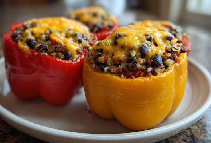 Two colorful Vegetarian Stuffed Bell Peppers Easy Dinner—one red, one yellow—topped with melted cheddar cheese and quinoa filling.