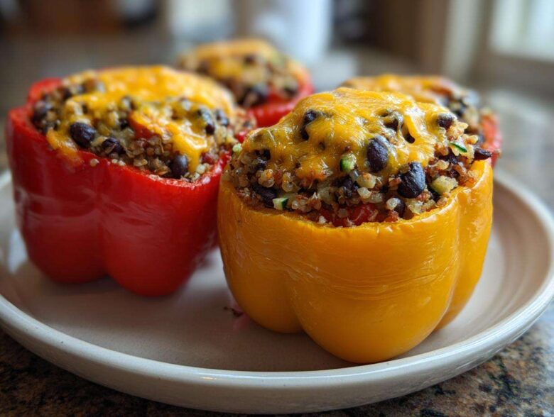 Two colorful Vegetarian Stuffed Bell Peppers Easy Dinner—one red, one yellow—topped with melted cheddar cheese and quinoa filling.