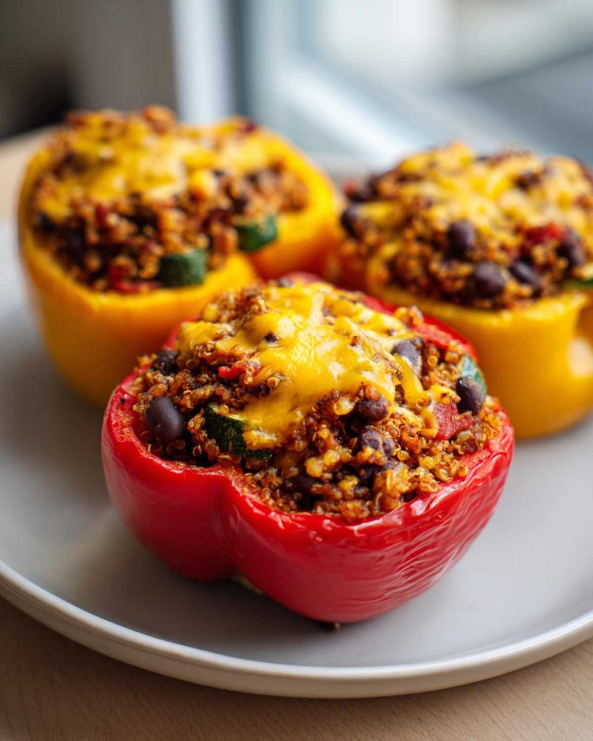 Three colorful Vegetarian Stuffed Bell Peppers Easy Dinner, topped with melted cheese.