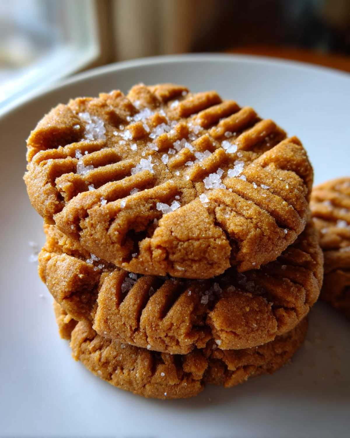 Close-up of a stack of three chewy Peanut Butter Cookies topped with coarse sea salt.