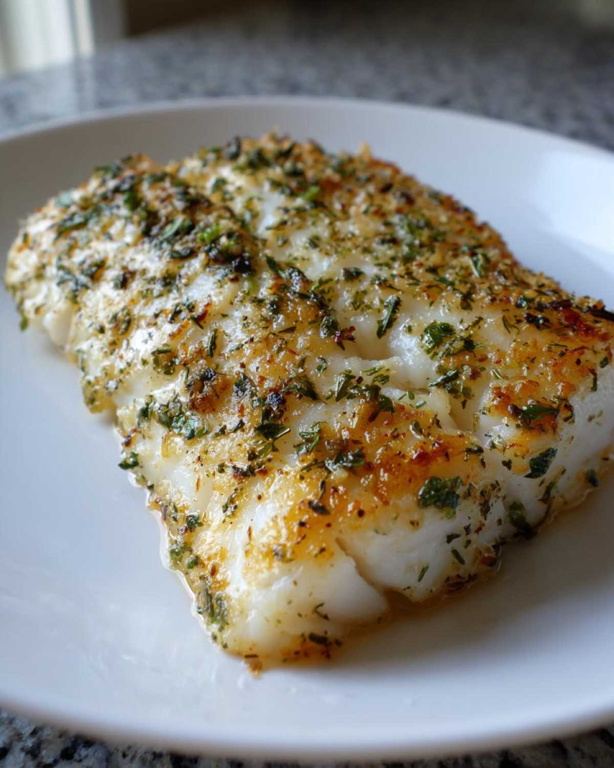 Close-up of a flaky, seasoned Air Fryer Cod Fillets piece on a white plate.