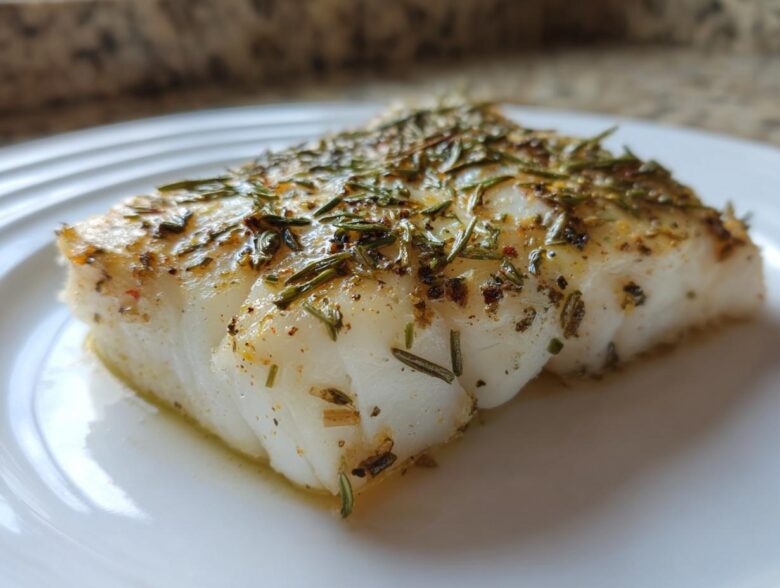 Close-up of a flaky, white Air Fryer Cod Fillets seasoned generously with dried rosemary and spices on a white plate.