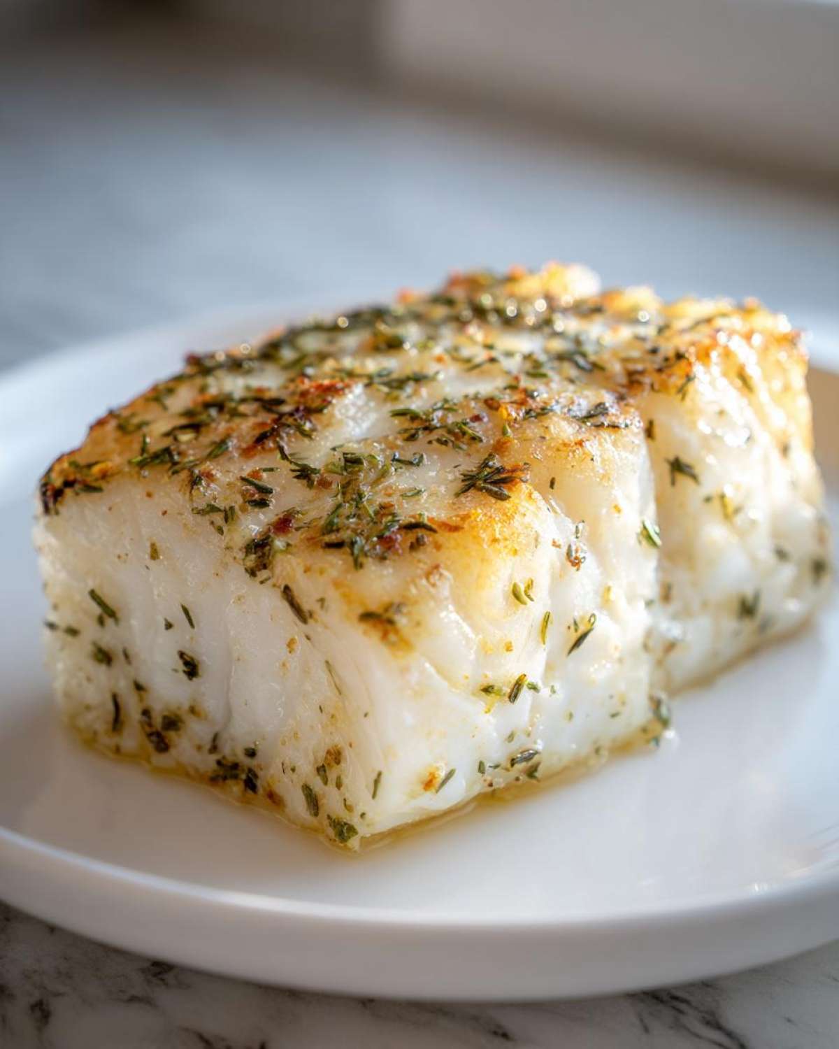 Close-up of two flaky Air Fryer Cod Fillets seasoned with dried green herbs on a white plate.