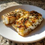 Two perfectly cooked Air Fryer Cod Fillets seasoned with herbs and spices resting on a white plate.