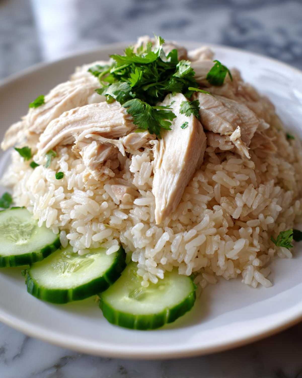 A plate featuring a mound of savory Chicken Rice topped with sliced poached chicken and fresh cilantro, served with cucumber slices.