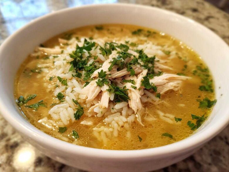 Close-up of a white bowl filled with amazing Chicken Rice Soup, featuring shredded chicken, white rice, and fresh parsley garnish.