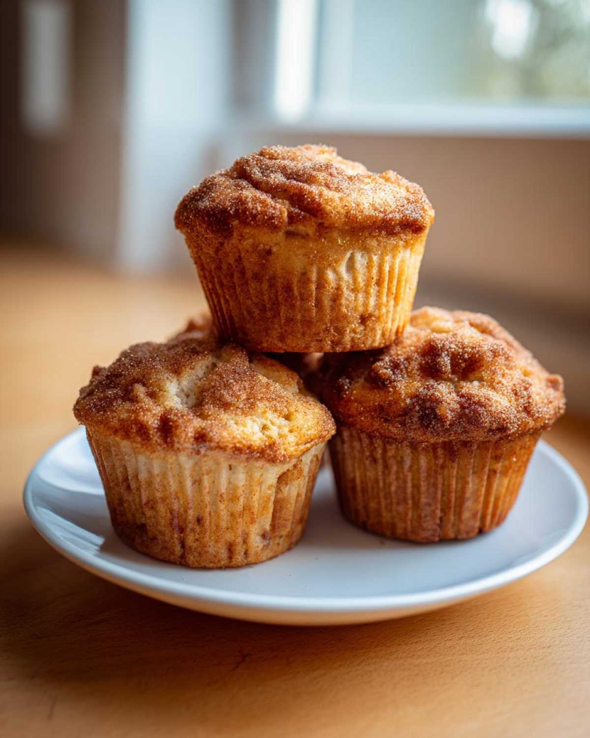 Three freshly baked Apple Cinnamon Greek Yogurt Muffins stacked on a white plate with a cinnamon-sugar topping.