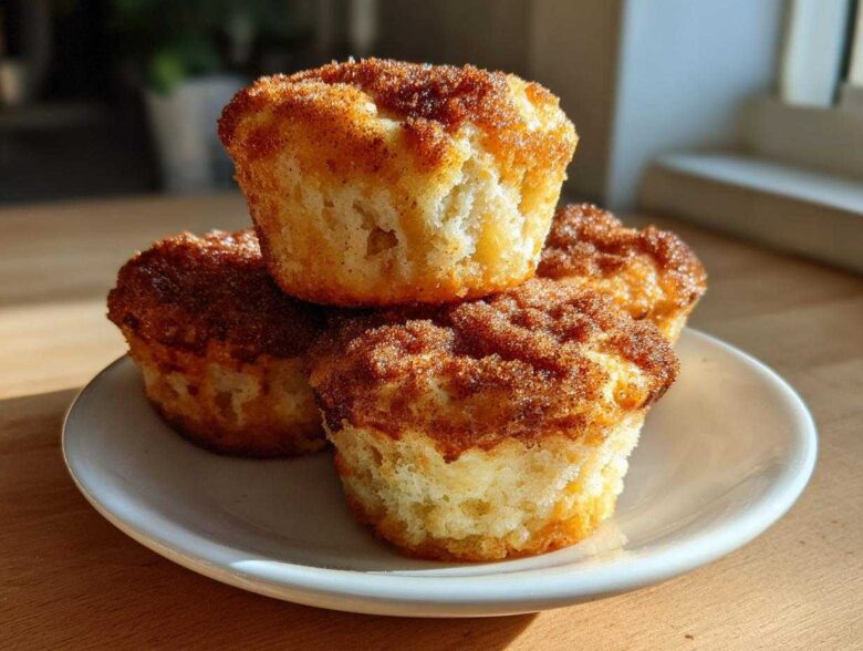Three Apple Cinnamon Greek Yogurt Muffins stacked on a white plate, featuring a crunchy cinnamon-sugar topping.