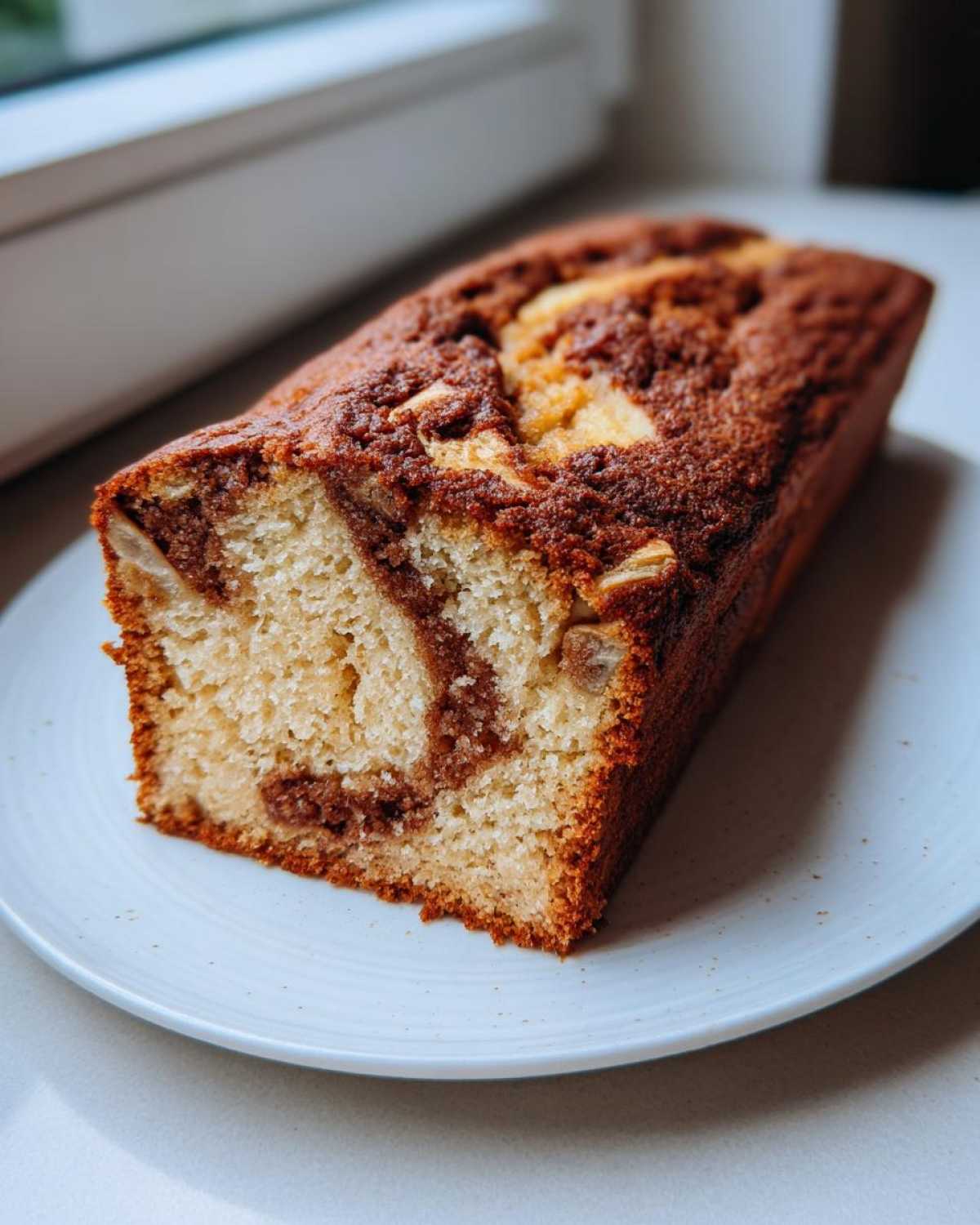 A golden-brown Apple Cinnamon Loaf cake with visible cinnamon swirl and apple pieces, resting on a white plate.