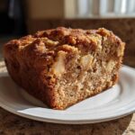 A close-up, sunlit slice of moist Apple Cinnamon Loaf showing visible chunks of baked apple inside the crumb.