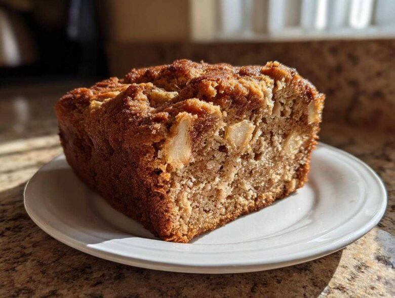 A close-up, sunlit slice of moist Apple Cinnamon Loaf showing visible chunks of baked apple inside the crumb.