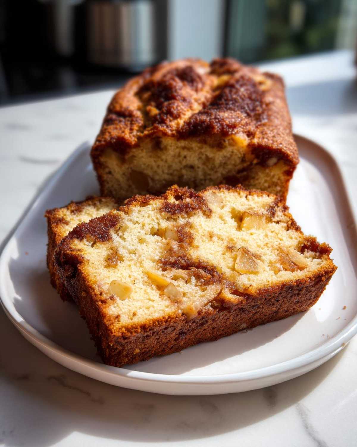 Two slices of moist Apple Cinnamon Loaf showing chunks of apple and a rich cinnamon swirl, with the rest of the loaf behind it.