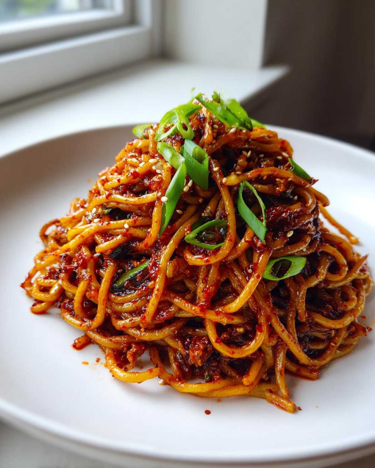 A close-up of a mound of glossy, red-sauced Asian Garlic Noodles topped with fresh green scallions and sesame seeds.
