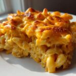 A close-up of a baked serving of creamy Chick-fil-A Mac and Cheese with a golden, slightly browned top.