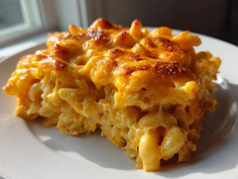 A close-up of a baked serving of creamy Chick-fil-A Mac and Cheese with a golden, slightly browned top.
