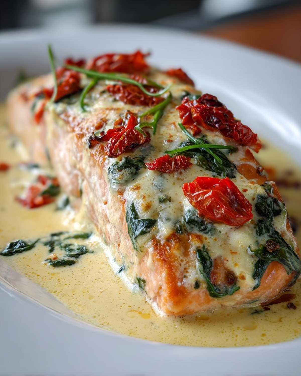 A close-up of a thick fillet of Baked Marry Me Salmon topped with creamy sauce, spinach, and sun-dried tomatoes.