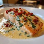 Close-up of a perfectly cooked Baked Marry Me Salmon fillet covered in creamy sauce, herbs, and sun-dried tomatoes.