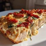 Close-up of a perfectly cooked fillet of Baked Marry Me Salmon topped with creamy sauce, sun-dried tomatoes, and basil.
