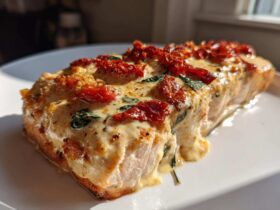 Close-up of a perfectly cooked fillet of Baked Marry Me Salmon topped with creamy sauce, sun-dried tomatoes, and basil.