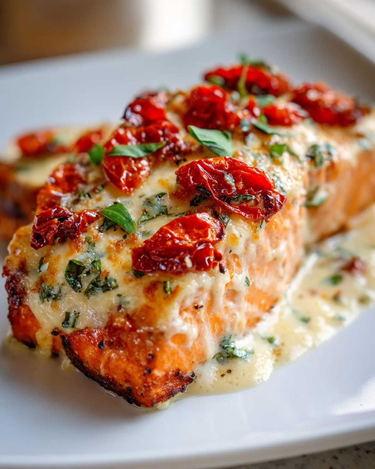 Close-up of a perfectly cooked fillet of Baked Marry Me Salmon topped with melted cheese, sun-dried tomatoes, and basil.