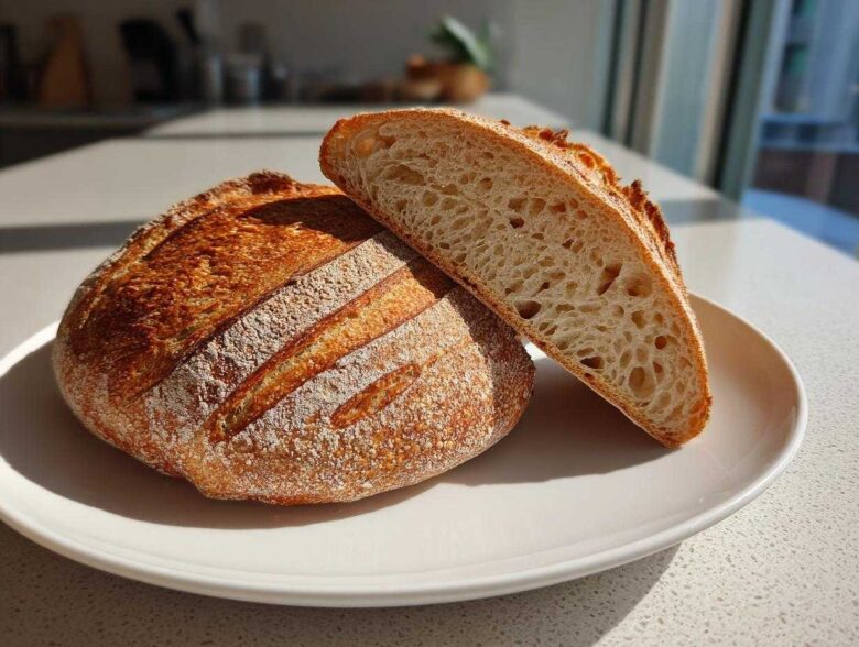 A whole loaf of Bakery Style French Bread with a crackly crust, next to a slice showing an open, airy crumb structure.