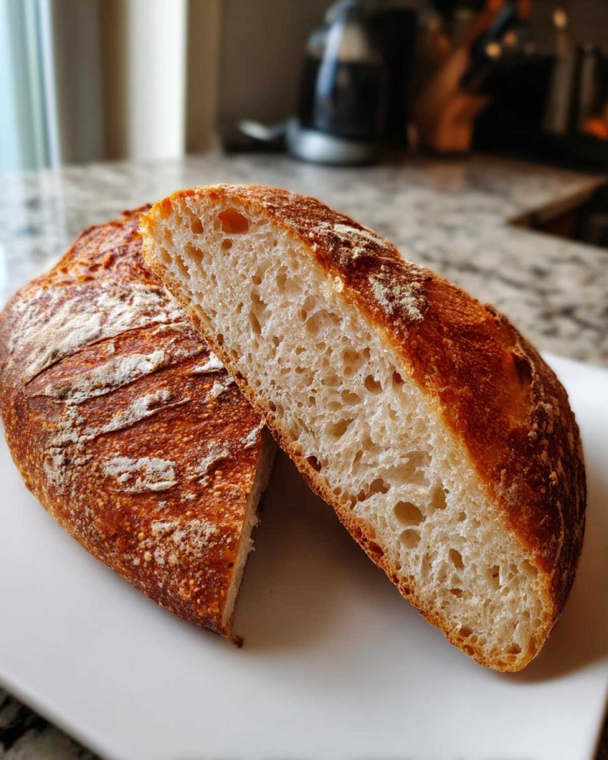 Cross-section of Bakery Style French Bread showing an open, airy crumb structure and a dark, crackly crust.