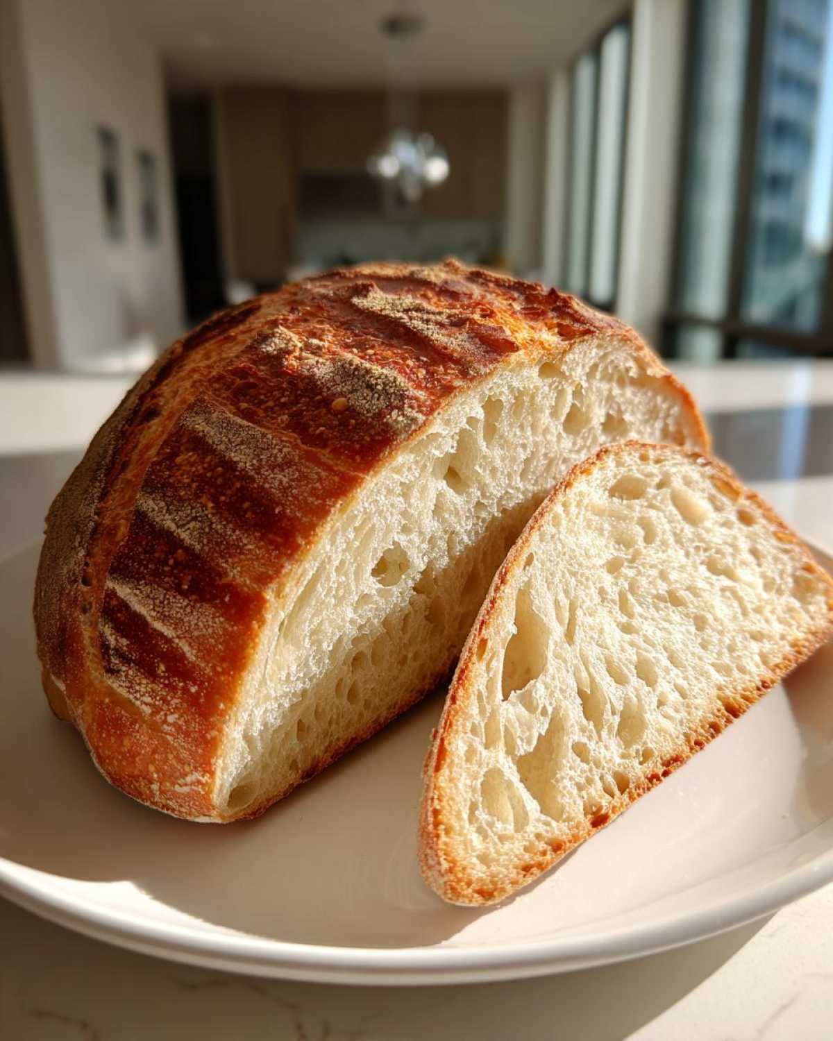A loaf of Bakery Style French Bread With Crackly Crust, sliced to show the open crumb structure, sitting on a white plate.