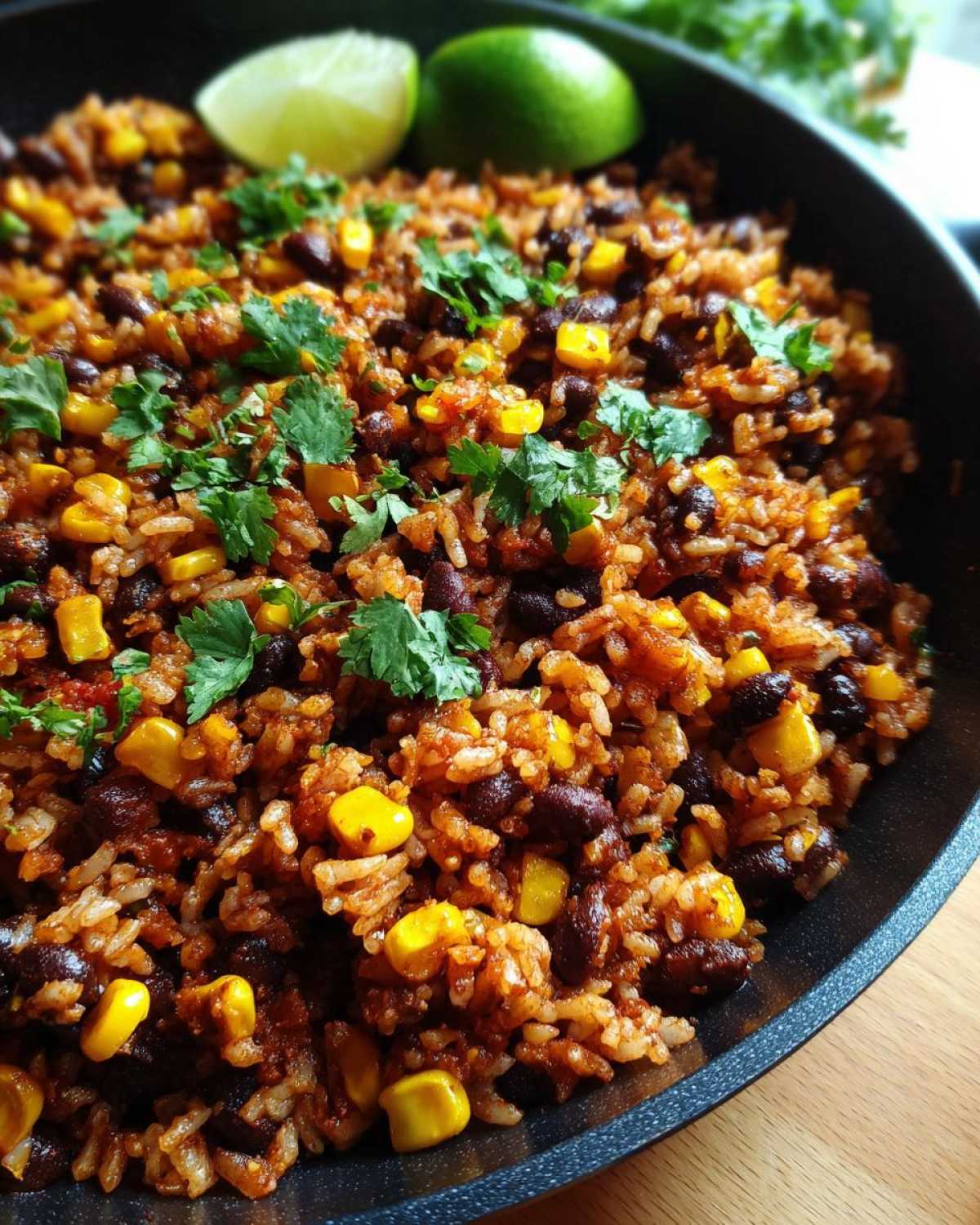 A close-up view of flavorful Black Bean & Corn Rice garnished with fresh cilantro and lime wedges.