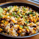 A close-up of vibrant Black Bean & Corn Rice mixed with cilantro and served with lime wedges in a black skillet.
