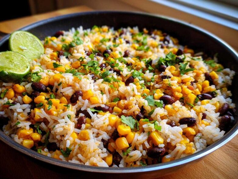 A close-up of vibrant Black Bean & Corn Rice mixed with cilantro and served with lime wedges in a black skillet.