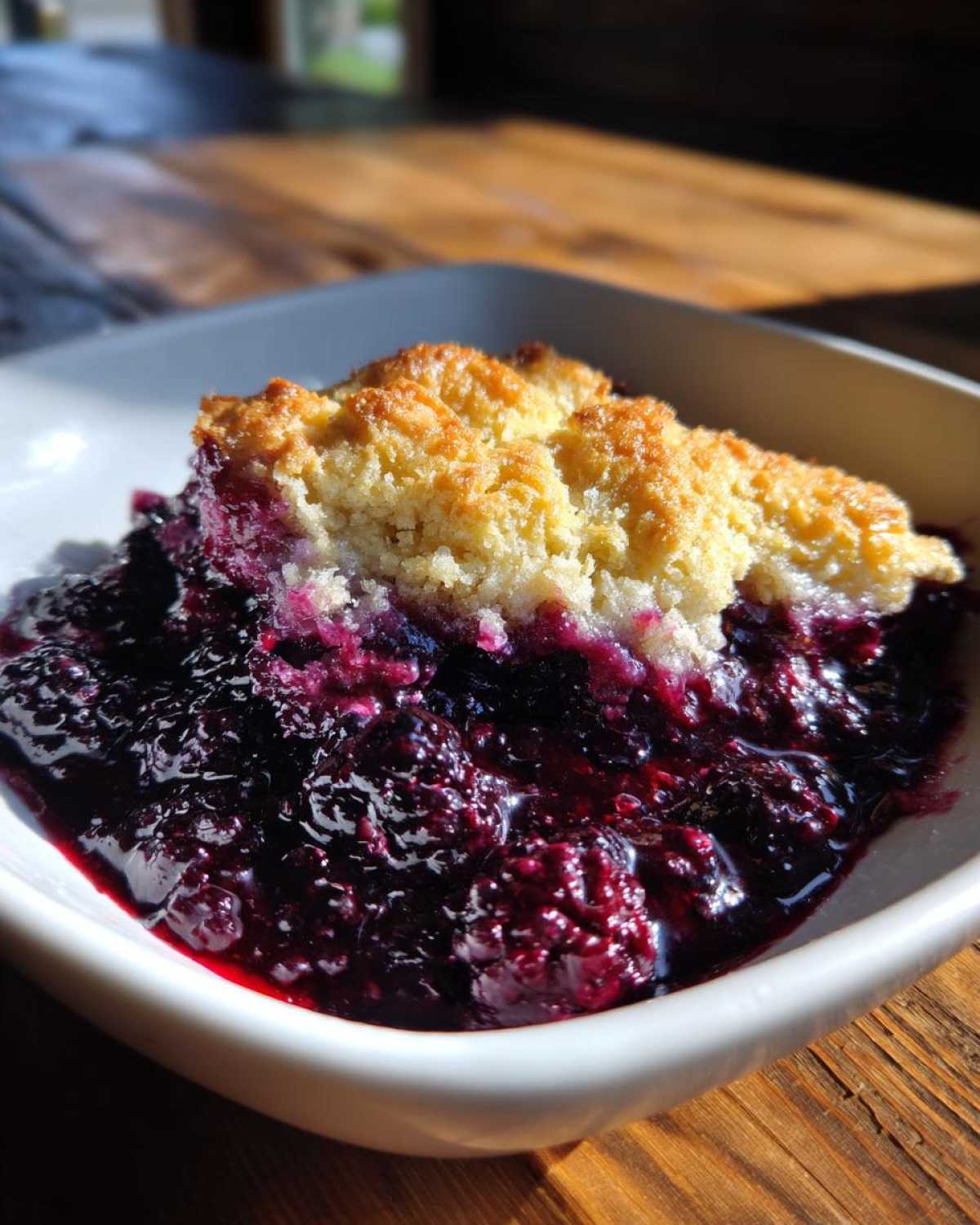 A close-up of a warm serving of Blackberry Cobbler featuring juicy, dark berries and a golden, crumbly topping in a white dish.