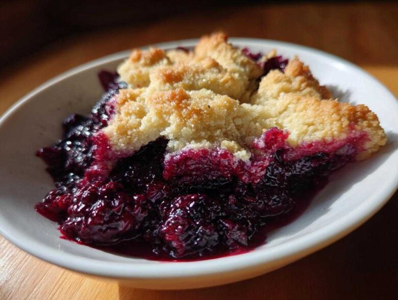 A close-up of a serving of rich, dark Blackberry Cobbler with a golden, crumbly topping in a white bowl.