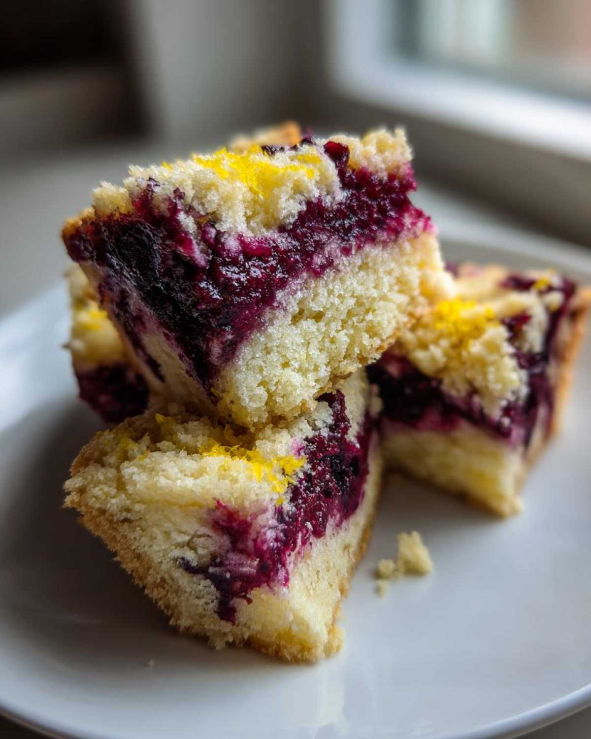 Three stacked slices of rich Blackberry Shortbread Wedges showing a thick layer of dark berry filling between shortbread layers.