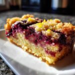 A close-up, sunlit view of one slice of rich Blackberry Shortbread Wedges showing the buttery base and jammy fruit filling.