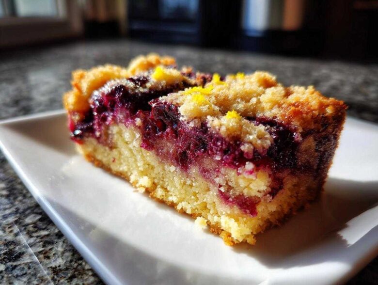 A close-up, sunlit view of one slice of rich Blackberry Shortbread Wedges showing the buttery base and jammy fruit filling.