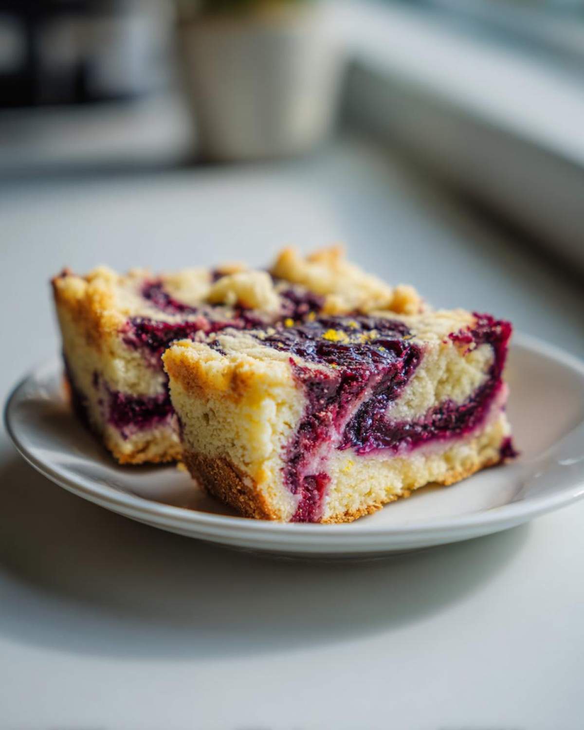 Two delicious slices of Blackberry Shortbread Wedges with rich purple filling served on a small white plate.