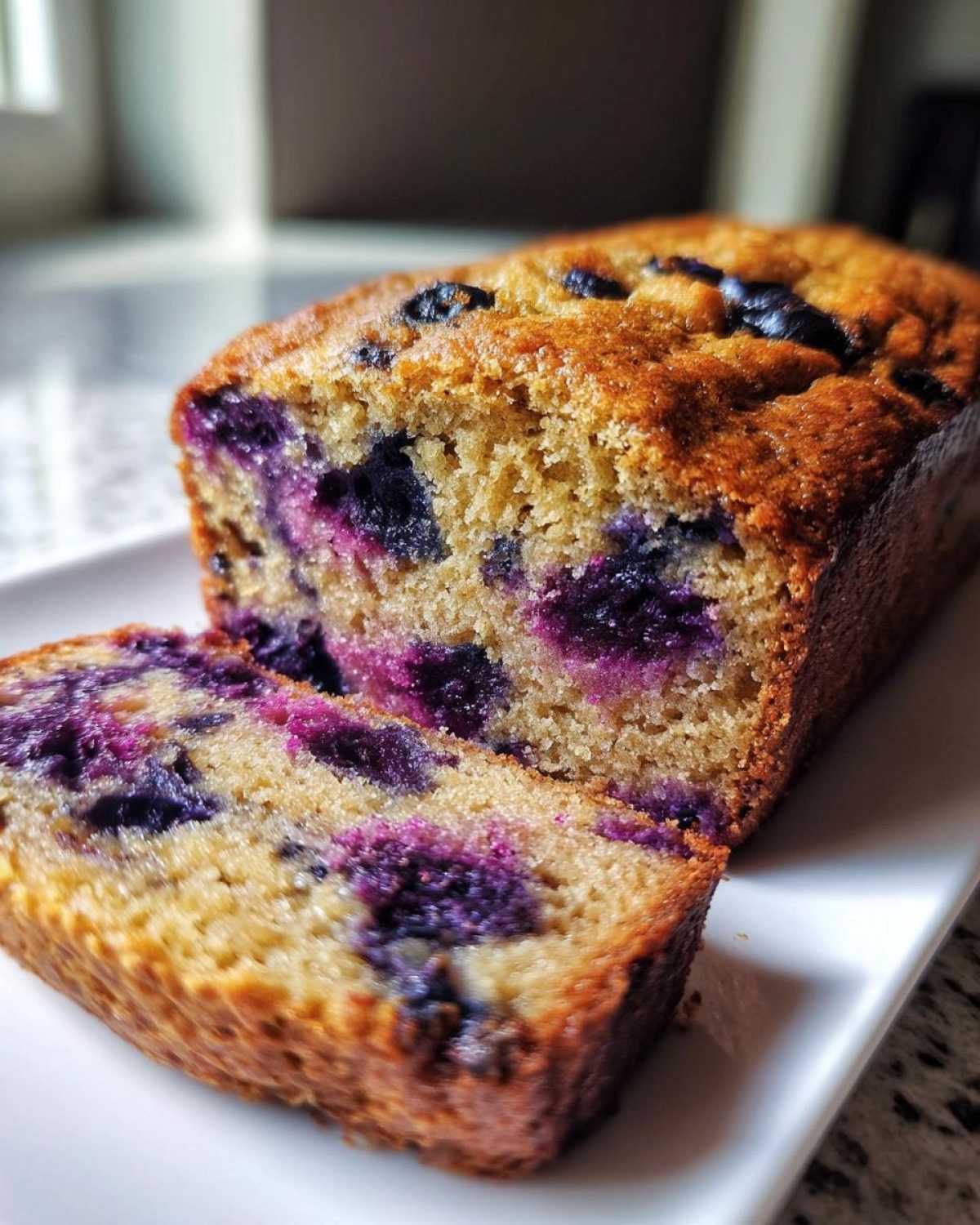 Close-up of a freshly baked Blueberry Banana Bread loaf with one slice cut, showing moist crumb and burst blueberries.