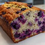 A close-up of a freshly baked Blueberry Banana Bread loaf showing a moist, tender crumb loaded with purple blueberries.