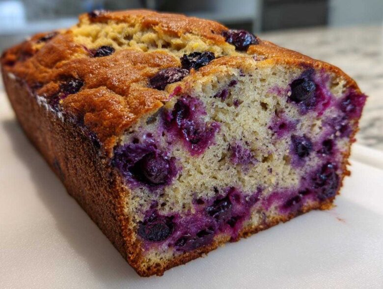A close-up of a freshly baked Blueberry Banana Bread loaf showing a moist, tender crumb loaded with purple blueberries.