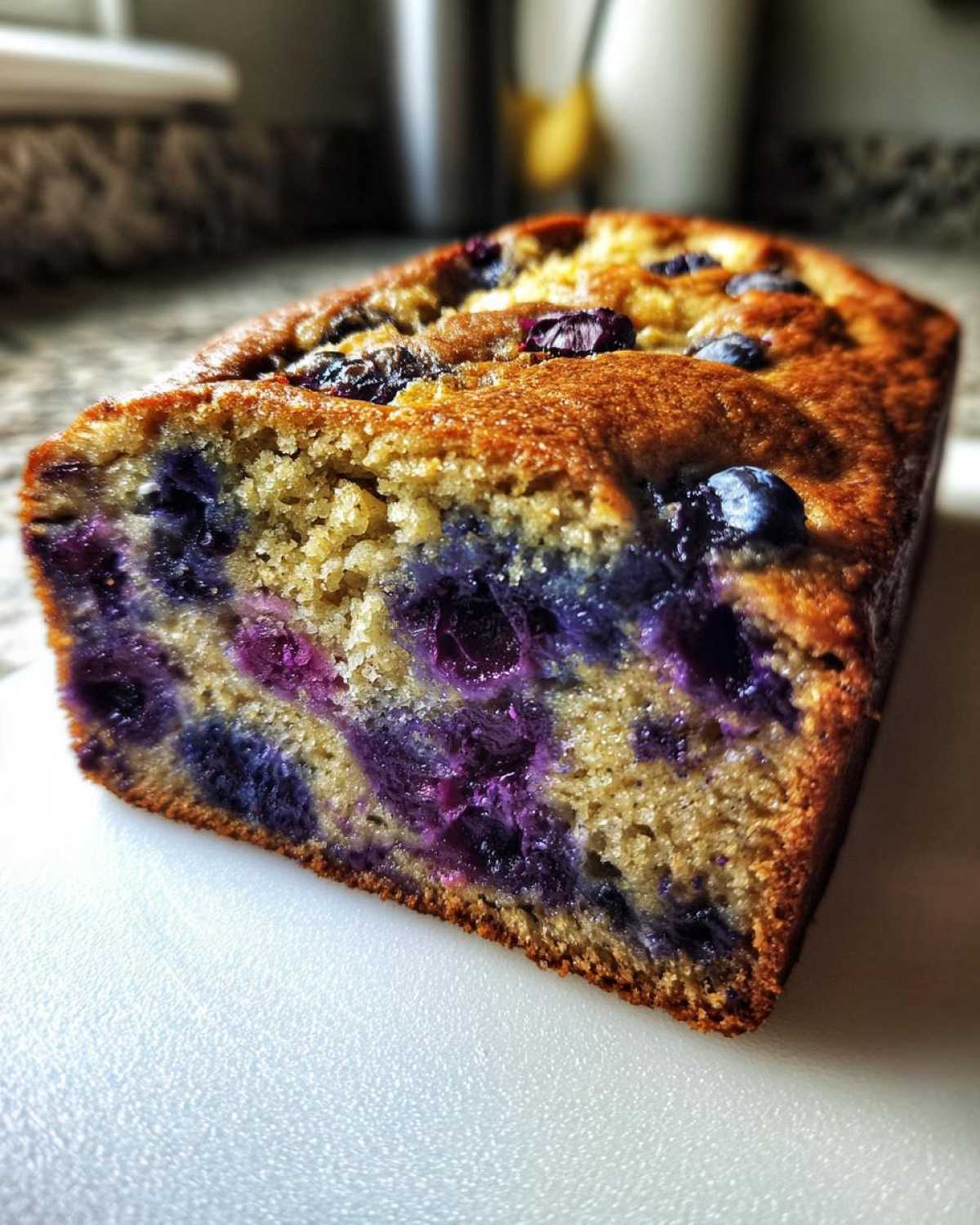 Close-up of a freshly baked Blueberry Banana Bread showing the moist crumb packed with vibrant purple blueberries.