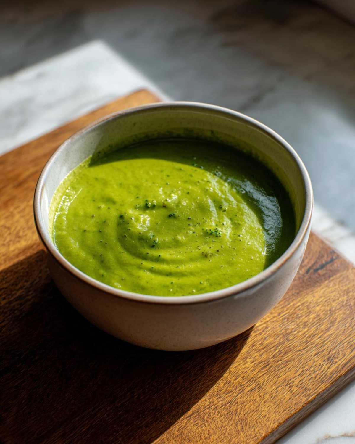 A close-up of a creamy, bright green bowl of Broccoli and Cheddar Soup resting on a wooden board.