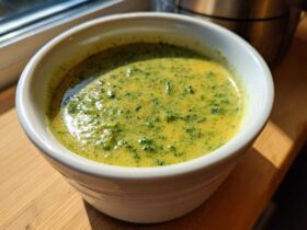 Close-up of a white bowl filled with vibrant, creamy Broccoli and Cheddar Soup, showing flecks of green broccoli.