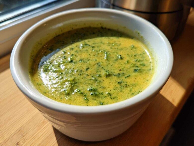 Close-up of a white bowl filled with vibrant, creamy Broccoli and Cheddar Soup, showing flecks of green broccoli.