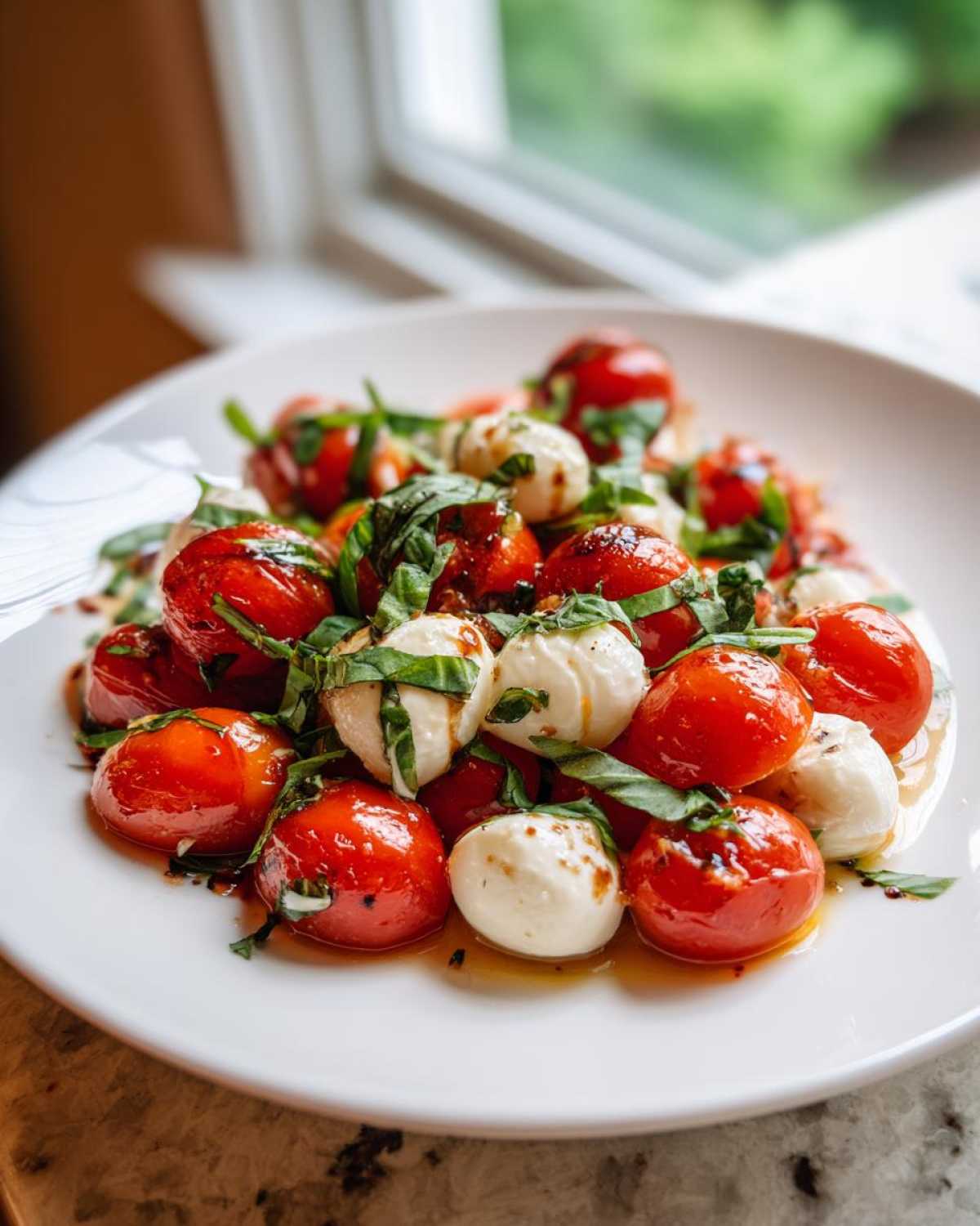 Close-up of cherry tomatoes, mozzarella balls, and basil, key ingredients for Caprese Pasta Salad.