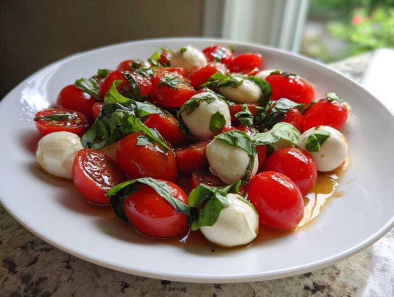 Close-up of fresh cherry tomatoes, mozzarella balls, and basil in a balsamic glaze, perfect for Caprese Pasta Salad.