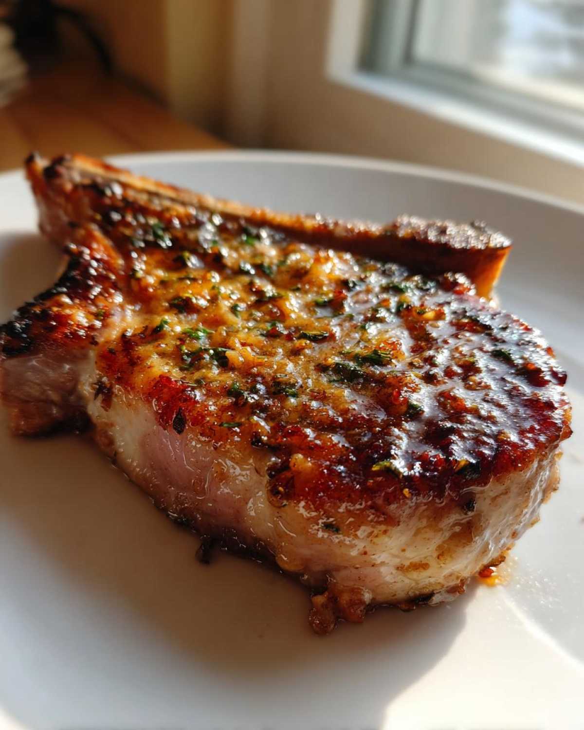 Close-up of a thick, juicy Cheddar Ranch Pork Chop, beautifully seared and topped with a savory herb glaze.