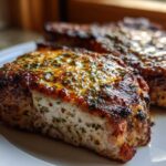 Close-up of two perfectly cooked Cheddar Ranch Pork Chops with a browned, herby, and glossy topping on a white plate.