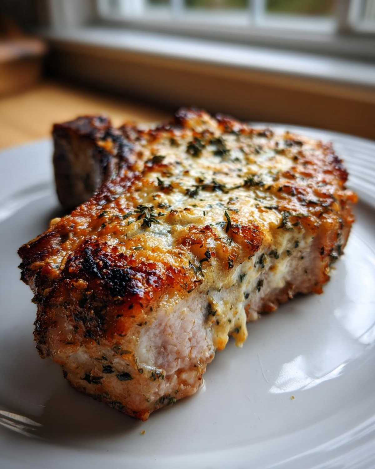 Close-up of a thick, juicy Cheddar Ranch Pork Chop topped with melted, browned cheese and herbs.