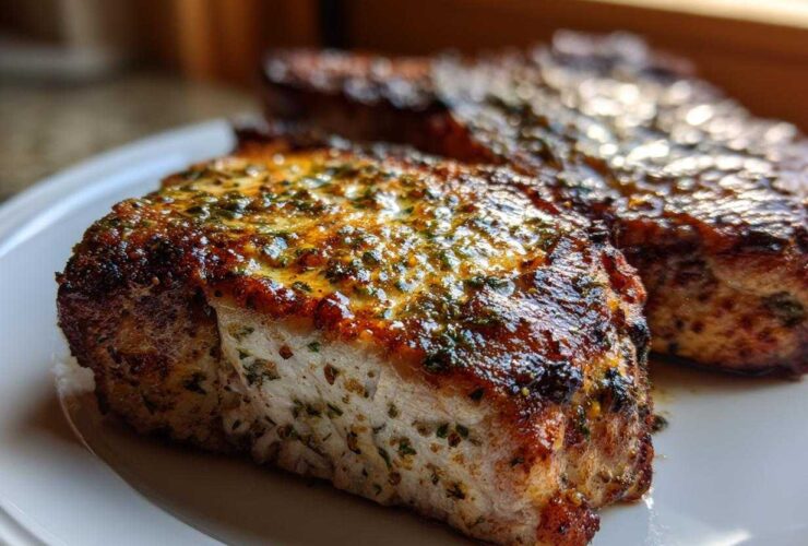 Close-up of two perfectly cooked Cheddar Ranch Pork Chops with a browned, herby, and glossy topping on a white plate.