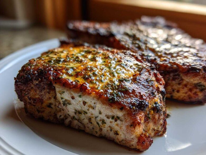 Close-up of two perfectly cooked Cheddar Ranch Pork Chops with a browned, herby, and glossy topping on a white plate.